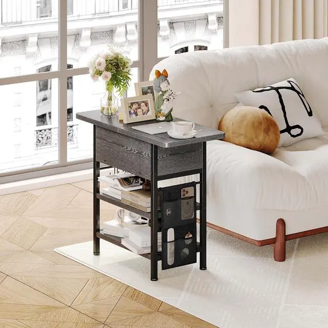 Alt view image 2 of 7 - End Table with Charging Station, Flip Top Nightstand with USB Ports and Outlets,Couch Side Table with Fabric Bag and Hooks, Bedside Table for Space Saving, Living Room, Bedroom (Grey)