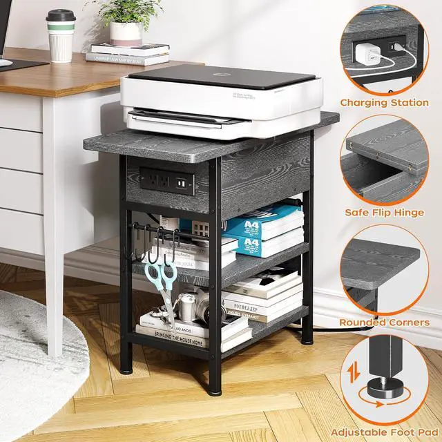 Alt view image 6 of 7 - End Table with Charging Station, Flip Top Nightstand with USB Ports and Outlets,Couch Side Table with Fabric Bag and Hooks, Bedside Table for Space Saving, Living Room, Bedroom (Grey)