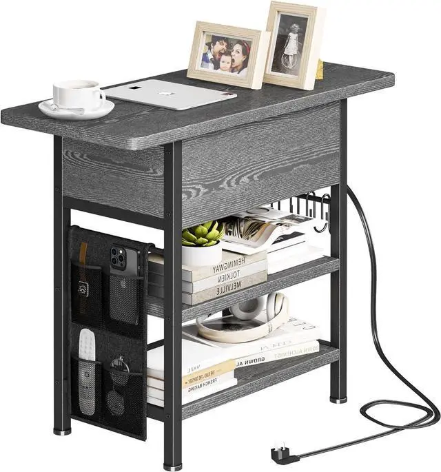 Alt view image 7 of 7 - End Table with Charging Station, Flip Top Nightstand with USB Ports and Outlets,Couch Side Table with Fabric Bag and Hooks, Bedside Table for Space Saving, Living Room, Bedroom (Grey)