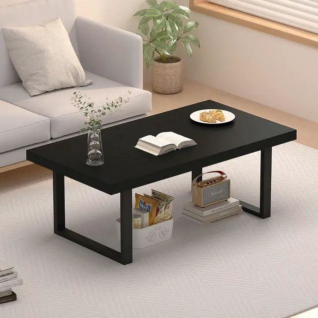 Alt view image 3 of 7 - IBF Black Coffee Table, Minimalist Industrial Wooden Center Table, Modern Simple Rectangle Living Room Table, Farmhouse Wood and Metal Cocktail Coffee Table for Home Bedroom Office, Black Oak, 39 inch