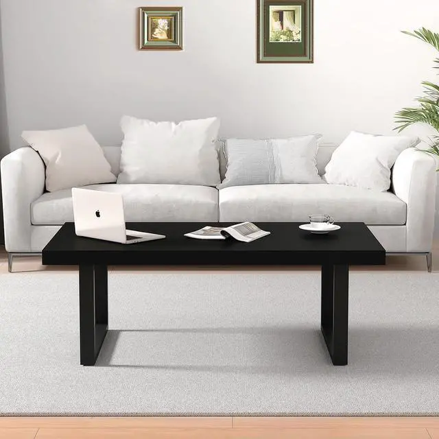 Alt view image 4 of 7 - IBF Black Coffee Table, Minimalist Industrial Wooden Center Table, Modern Simple Rectangle Living Room Table, Farmhouse Wood and Metal Cocktail Coffee Table for Home Bedroom Office, Black Oak, 39 inch