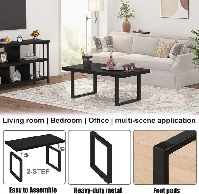 Alt view image 5 of 7 - IBF Black Coffee Table, Minimalist Industrial Wooden Center Table, Modern Simple Rectangle Living Room Table, Farmhouse Wood and Metal Cocktail Coffee Table for Home Bedroom Office, Black Oak, 39 inch