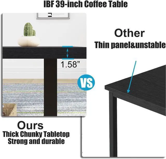Alt view image 7 of 7 - IBF Black Coffee Table, Minimalist Industrial Wooden Center Table, Modern Simple Rectangle Living Room Table, Farmhouse Wood and Metal Cocktail Coffee Table for Home Bedroom Office, Black Oak, 39 inch