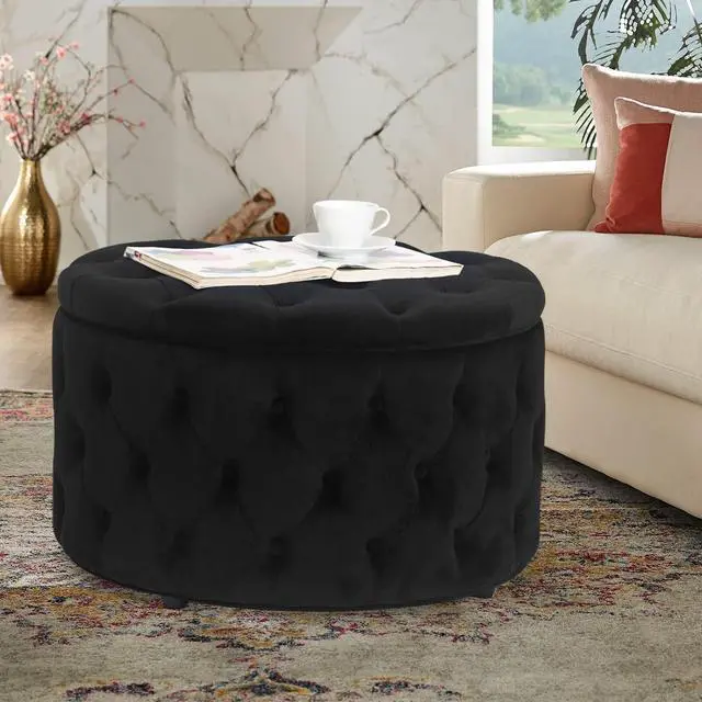 Alt view image 5 of 7 - Homebeez 28 Inch Round Velvet Storage Ottoman, Button Tufted Footrest Stool Coffee Table for Living Room, Black
