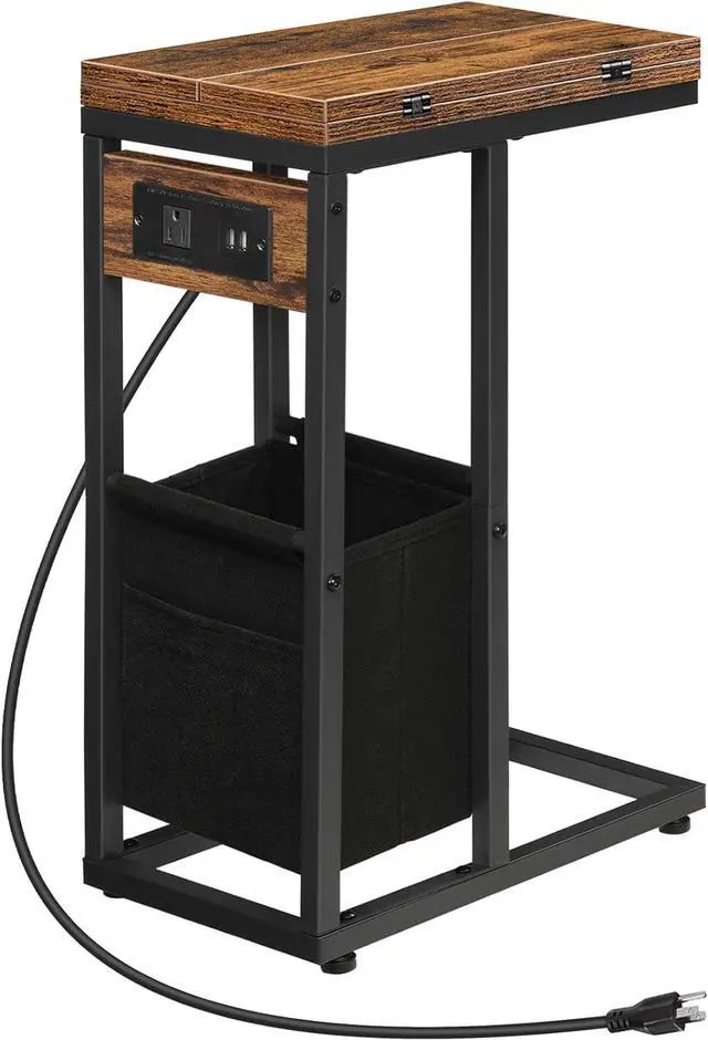 Main image of HOOBRO C Shaped Side Table with Charging Station, Foldable End Table with Fabric Bag, Sofa Couch Tray Table for Small Space in Living Room, Bedroom, Rustic Brown and Black BF30USF01