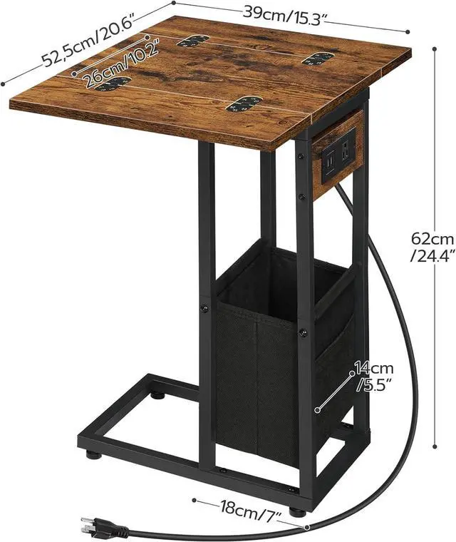 Alt view image 3 of 7 - HOOBRO C Shaped Side Table with Charging Station, Foldable End Table with Fabric Bag, Sofa Couch Tray Table for Small Space in Living Room, Bedroom, Rustic Brown and Black BF30USF01