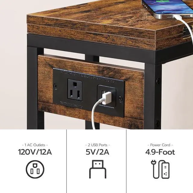 Alt view image 4 of 7 - HOOBRO C Shaped Side Table with Charging Station, Foldable End Table with Fabric Bag, Sofa Couch Tray Table for Small Space in Living Room, Bedroom, Rustic Brown and Black BF30USF01