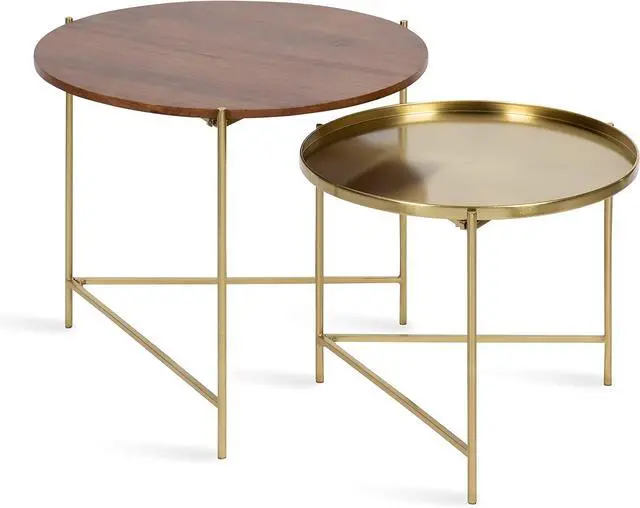 Main image of Kate and Laurel Ulani Modern Nesting Coffee Table; Set of 2; Walnut and Gold; 22.5 x 20.25; Decorative Sophisticated Mango Wood and Metal End Tables for Display and Storage