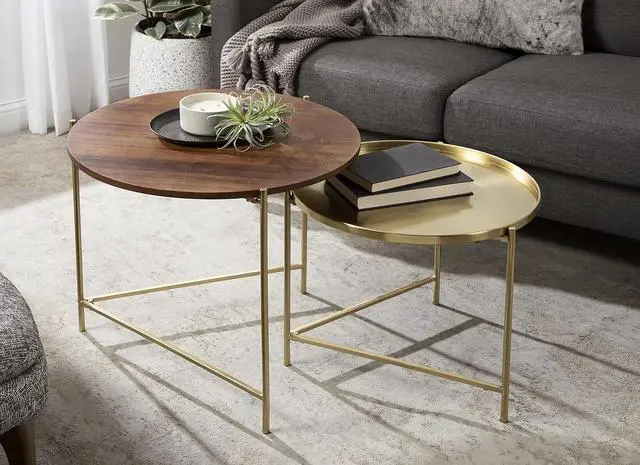 Alt view image 2 of 7 - Kate and Laurel Ulani Modern Nesting Coffee Table; Set of 2; Walnut and Gold; 22.5 x 20.25; Decorative Sophisticated Mango Wood and Metal End Tables for Display and Storage