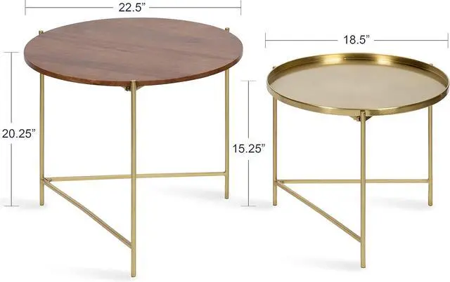Alt view image 3 of 7 - Kate and Laurel Ulani Modern Nesting Coffee Table; Set of 2; Walnut and Gold; 22.5 x 20.25; Decorative Sophisticated Mango Wood and Metal End Tables for Display and Storage