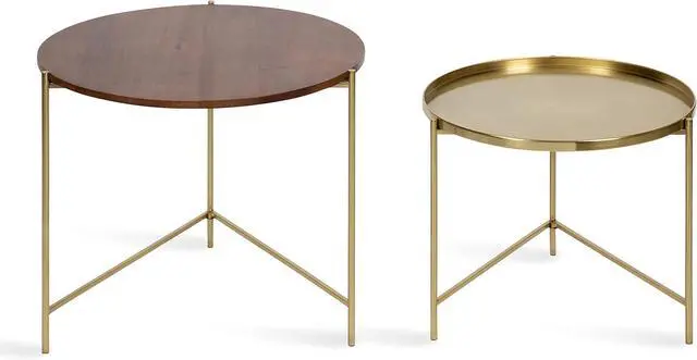 Alt view image 4 of 7 - Kate and Laurel Ulani Modern Nesting Coffee Table; Set of 2; Walnut and Gold; 22.5 x 20.25; Decorative Sophisticated Mango Wood and Metal End Tables for Display and Storage