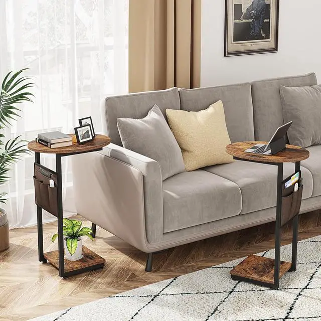 Alt view image 2 of 7 - Vagusicc C Shaped End Table, Set of 2 Side Table for Couch, Small Couch Side Table for Small Spaces, Slide Under Sofa Tray Desk with Storage Bag for Living Room and Bedroom (Rustic Brown)