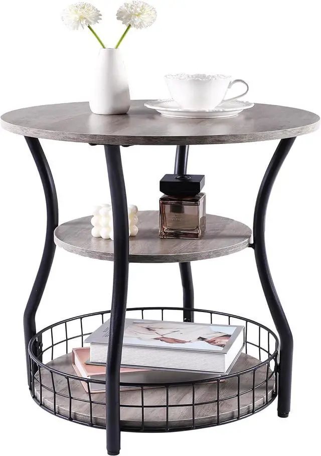 Main image of Small Side Table Round End Table with Storage Shelves Basket, 3-Tier Accent Corner Sofa Couch Side Tables Coffee Drink Table for Small Spaces,Round Nightstand for Living Room, Bedroom, Greige