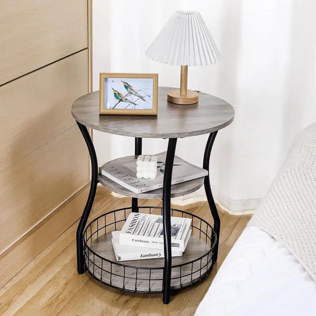 Alt view image 2 of 7 - Small Side Table Round End Table with Storage Shelves Basket, 3-Tier Accent Corner Sofa Couch Side Tables Coffee Drink Table for Small Spaces,Round Nightstand for Living Room, Bedroom, Greige