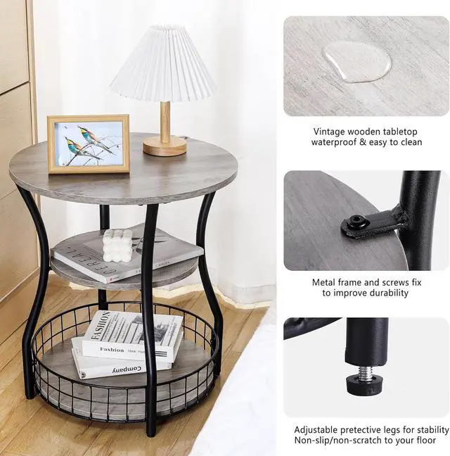 Alt view image 5 of 7 - Small Side Table Round End Table with Storage Shelves Basket, 3-Tier Accent Corner Sofa Couch Side Tables Coffee Drink Table for Small Spaces,Round Nightstand for Living Room, Bedroom, Greige