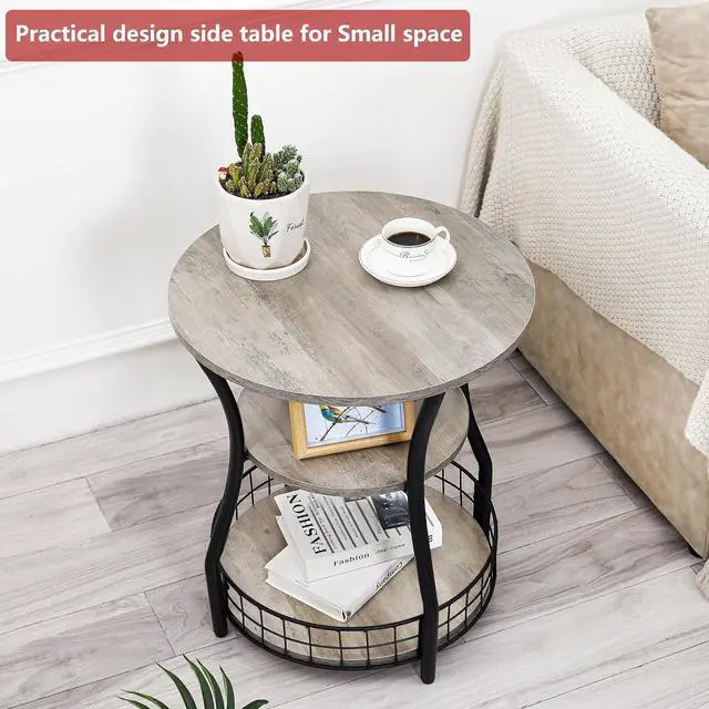 Alt view image 4 of 7 - Small Side Table Round End Table with Storage Shelves Basket, 3-Tier Accent Corner Sofa Couch Side Tables Coffee Drink Table for Small Spaces,Round Nightstand for Living Room, Bedroom, Greige