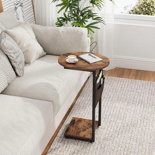 Alt view image 6 of 7 - Vagusicc C Shaped End Table, Set of 2 Side Table for Couch, Small Couch Side Table for Small Spaces, Slide Under Sofa Tray Desk with Storage Bag for Living Room and Bedroom (Rustic Brown)