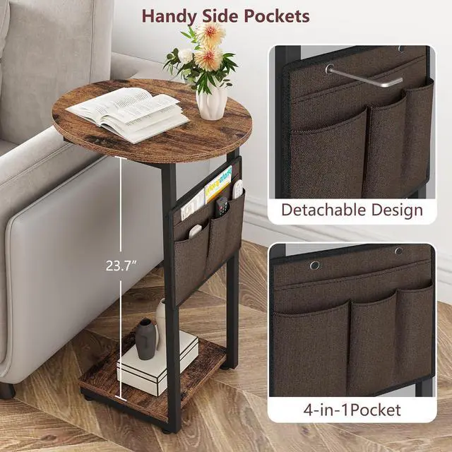 Alt view image 7 of 7 - Vagusicc C Shaped End Table, Set of 2 Side Table for Couch, Small Couch Side Table for Small Spaces, Slide Under Sofa Tray Desk with Storage Bag for Living Room and Bedroom (Rustic Brown)