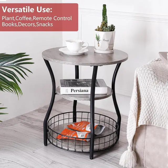 Alt view image 6 of 7 - Small Side Table Round End Table with Storage Shelves Basket, 3-Tier Accent Corner Sofa Couch Side Tables Coffee Drink Table for Small Spaces,Round Nightstand for Living Room, Bedroom, Greige