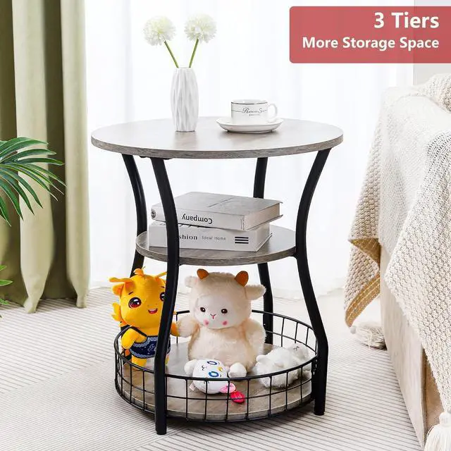 Alt view image 7 of 7 - Small Side Table Round End Table with Storage Shelves Basket, 3-Tier Accent Corner Sofa Couch Side Tables Coffee Drink Table for Small Spaces,Round Nightstand for Living Room, Bedroom, Greige
