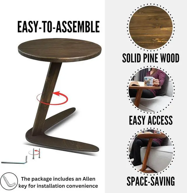 Alt view image 3 of 6 - C-Shaped Handmade Solid Wood End Table, Side Table for Couches, Sofa Tables Slide Under Couch for Living Room, Over Couch TV Tray Table for Small Spaces (Medium, Dark Walnut)