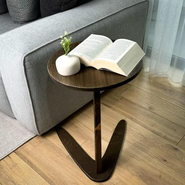 Alt view image 2 of 6 - C-Shaped Handmade Solid Wood End Table, Side Table for Couches, Sofa Tables Slide Under Couch for Living Room, Over Couch TV Tray Table for Small Spaces (Medium, Dark Walnut)