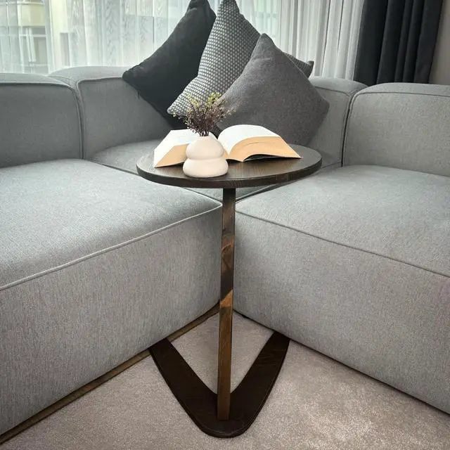 Alt view image 4 of 6 - C-Shaped Handmade Solid Wood End Table, Side Table for Couches, Sofa Tables Slide Under Couch for Living Room, Over Couch TV Tray Table for Small Spaces (Medium, Dark Walnut)