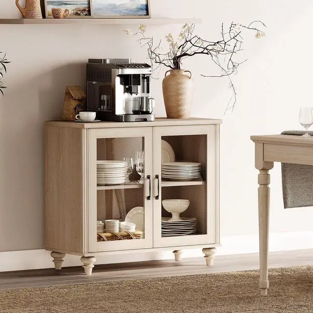 Main image of WAMPAT Buffet Cabinet with Glass Doors, Coffee Bar Table Wood Kitchen Storage Cabinets with Storage Cabinets & Adjustable Shelf, Modern Farmhouse Sideboard Credenza for Dining Room, Beige, 34 inch