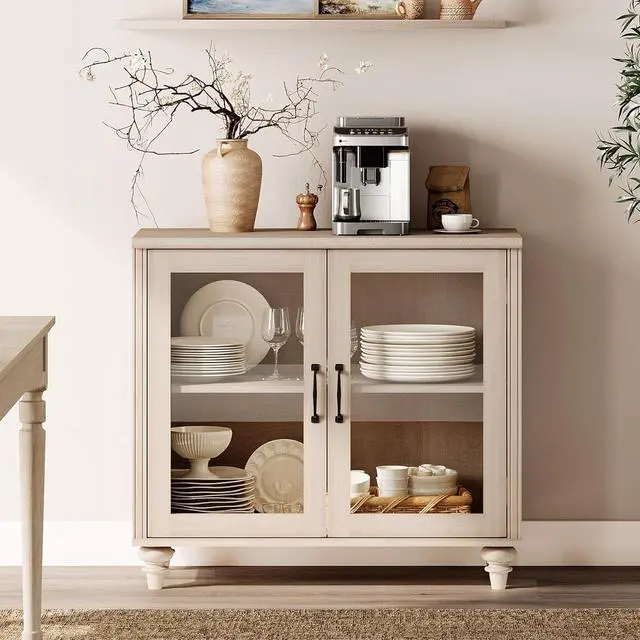 Alt view image 4 of 7 - WAMPAT Buffet Cabinet with Glass Doors, Coffee Bar Table Wood Kitchen Storage Cabinets with Storage Cabinets & Adjustable Shelf, Modern Farmhouse Sideboard Credenza for Dining Room, Beige, 34 inch