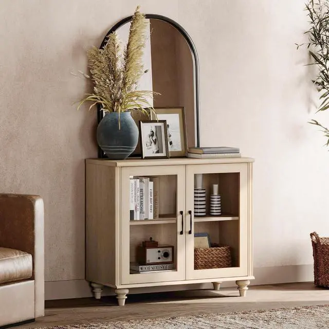 Alt view image 6 of 7 - WAMPAT Buffet Cabinet with Glass Doors, Coffee Bar Table Wood Kitchen Storage Cabinets with Storage Cabinets & Adjustable Shelf, Modern Farmhouse Sideboard Credenza for Dining Room, Beige, 34 inch