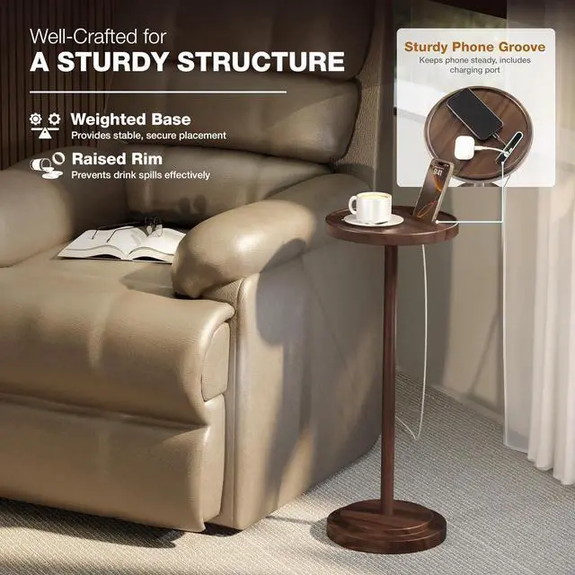 Alt view image 5 of 7 - BLUEWEST Drink Table, 24.4" Tall Compact Side Table with Phone Slot and Weighted Base, Durable Pedestal Table Accent for Living Room, Bedroom, or Office, Martini and Cocktail