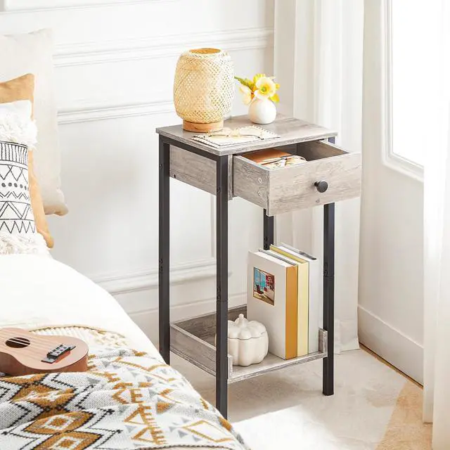 Alt view image 4 of 7 - HOOBRO Tall End Table, Nightstand, Industrial Side Table with Drawer and Storage Shelf, for Study, Bedroom, Space Saving, Greige and Black BG71BZ01