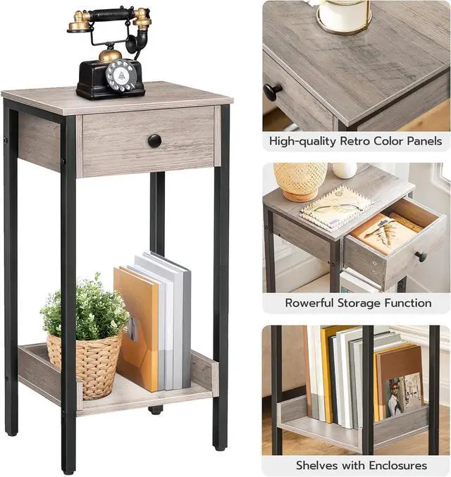 Alt view image 6 of 7 - HOOBRO Tall End Table, Nightstand, Industrial Side Table with Drawer and Storage Shelf, for Study, Bedroom, Space Saving, Greige and Black BG71BZ01