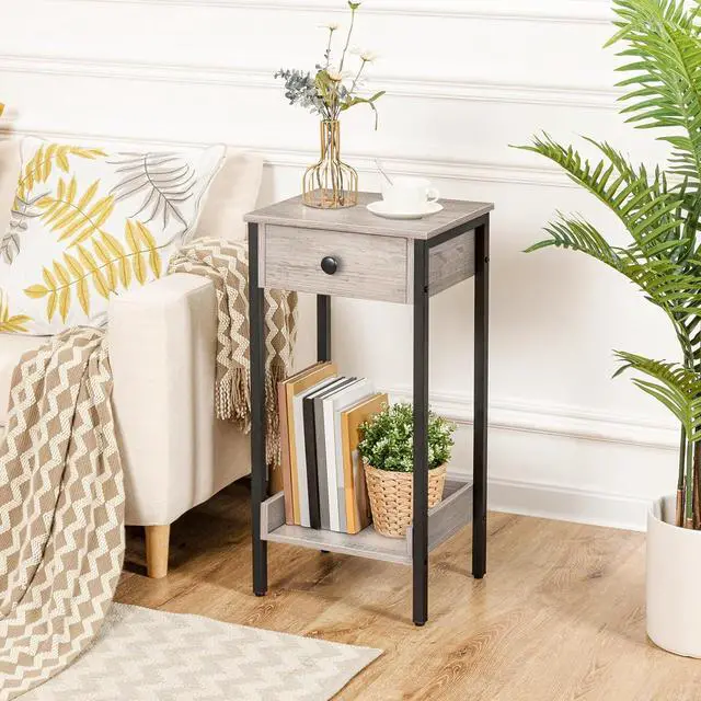 Alt view image 2 of 7 - HOOBRO Tall End Table, Nightstand, Industrial Side Table with Drawer and Storage Shelf, for Study, Bedroom, Space Saving, Greige and Black BG71BZ01