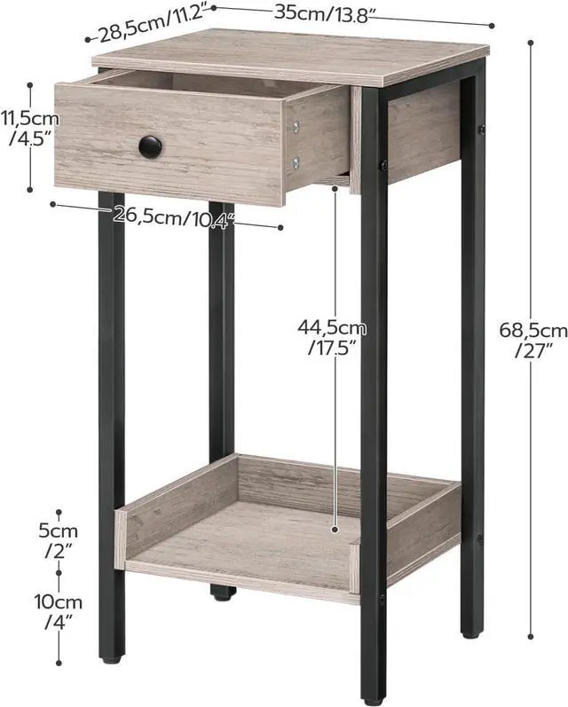 Alt view image 3 of 7 - HOOBRO Tall End Table, Nightstand, Industrial Side Table with Drawer and Storage Shelf, for Study, Bedroom, Space Saving, Greige and Black BG71BZ01
