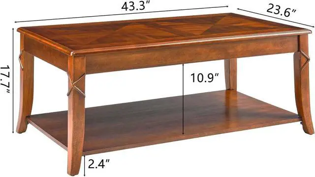 Alt view image 2 of 7 - PADMA HOUSE Solid Wood Coffee Table with Shelf, Vintage Rectangle Cocktail Table with Dual Hourglass Tabletop, Apartment Center Sofa Table with Curved Legs for Living Room, 43.3 * 23.6 * 17.7in