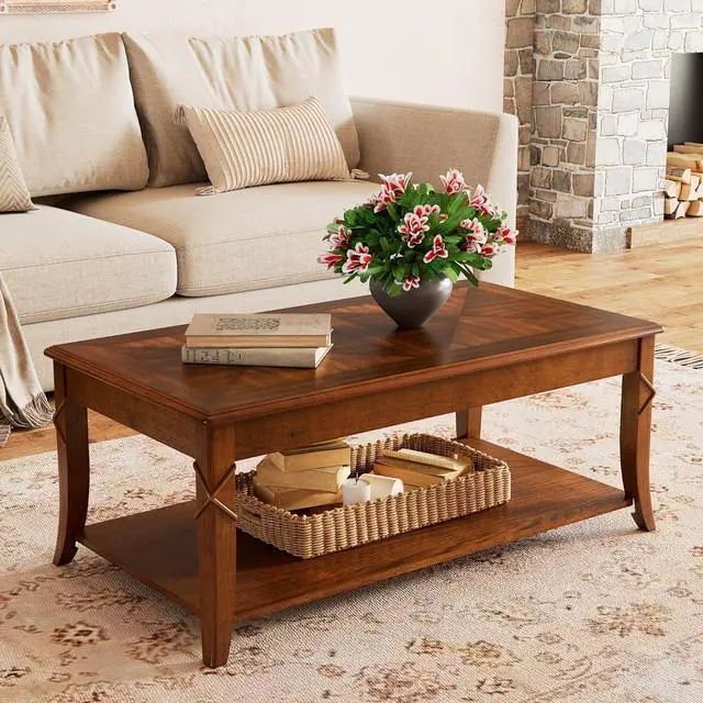 Main image of PADMA HOUSE Solid Wood Coffee Table with Shelf, Vintage Rectangle Cocktail Table with Dual Hourglass Tabletop, Apartment Center Sofa Table with Curved Legs for Living Room, 43.3 * 23.6 * 17.7in