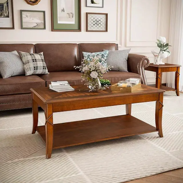 Alt view image 4 of 7 - PADMA HOUSE Solid Wood Coffee Table with Shelf, Vintage Rectangle Cocktail Table with Dual Hourglass Tabletop, Apartment Center Sofa Table with Curved Legs for Living Room, 43.3 * 23.6 * 17.7in