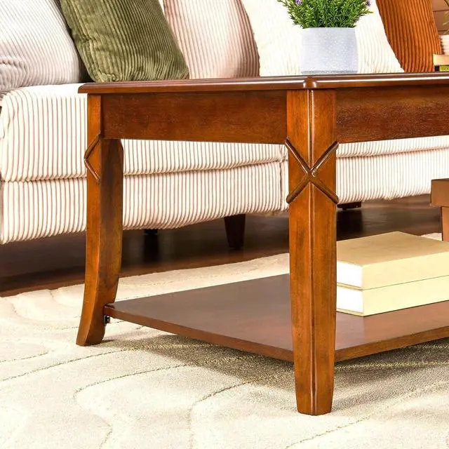 Alt view image 6 of 7 - PADMA HOUSE Solid Wood Coffee Table with Shelf, Vintage Rectangle Cocktail Table with Dual Hourglass Tabletop, Apartment Center Sofa Table with Curved Legs for Living Room, 43.3 * 23.6 * 17.7in