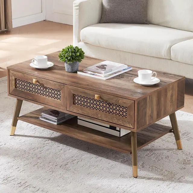 Main image of Mid Century Modern Coffee Table with Storage Drawers & Open Shelf, Solid Wooden Boho Rectangle Table with Metal Legs Designed for Living Room, Office, Lounge. Rustic Oak Color with Golden Decor