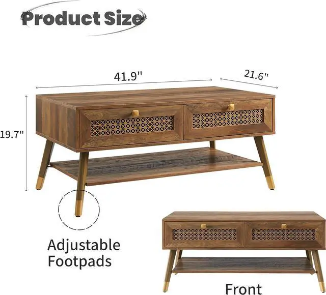 Alt view image 2 of 7 - Mid Century Modern Coffee Table with Storage Drawers & Open Shelf, Solid Wooden Boho Rectangle Table with Metal Legs Designed for Living Room, Office, Lounge. Rustic Oak Color with Golden Decor