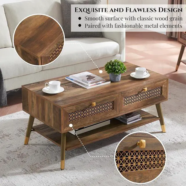 Alt view image 3 of 7 - Mid Century Modern Coffee Table with Storage Drawers & Open Shelf, Solid Wooden Boho Rectangle Table with Metal Legs Designed for Living Room, Office, Lounge. Rustic Oak Color with Golden Decor