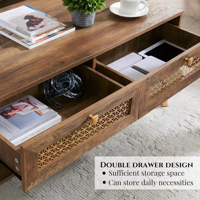 Alt view image 4 of 7 - Mid Century Modern Coffee Table with Storage Drawers & Open Shelf, Solid Wooden Boho Rectangle Table with Metal Legs Designed for Living Room, Office, Lounge. Rustic Oak Color with Golden Decor