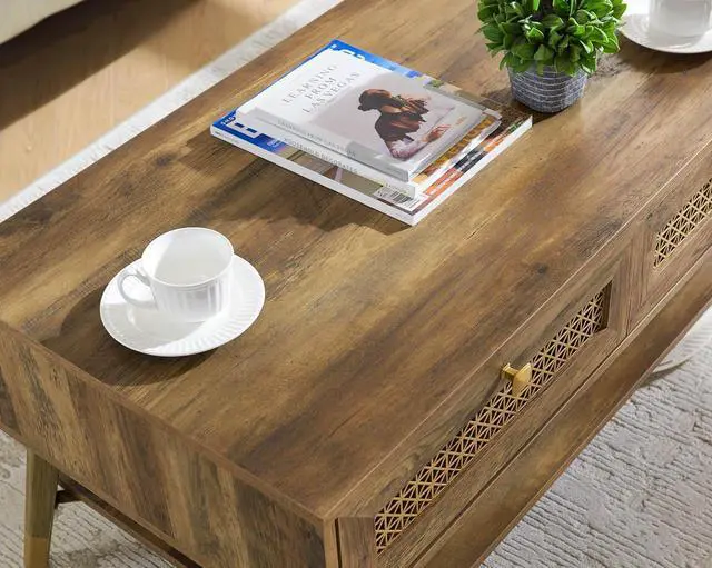 Alt view image 5 of 7 - Mid Century Modern Coffee Table with Storage Drawers & Open Shelf, Solid Wooden Boho Rectangle Table with Metal Legs Designed for Living Room, Office, Lounge. Rustic Oak Color with Golden Decor