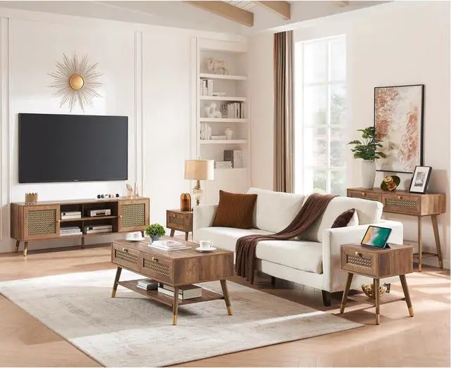 Alt view image 6 of 7 - Mid Century Modern Coffee Table with Storage Drawers & Open Shelf, Solid Wooden Boho Rectangle Table with Metal Legs Designed for Living Room, Office, Lounge. Rustic Oak Color with Golden Decor