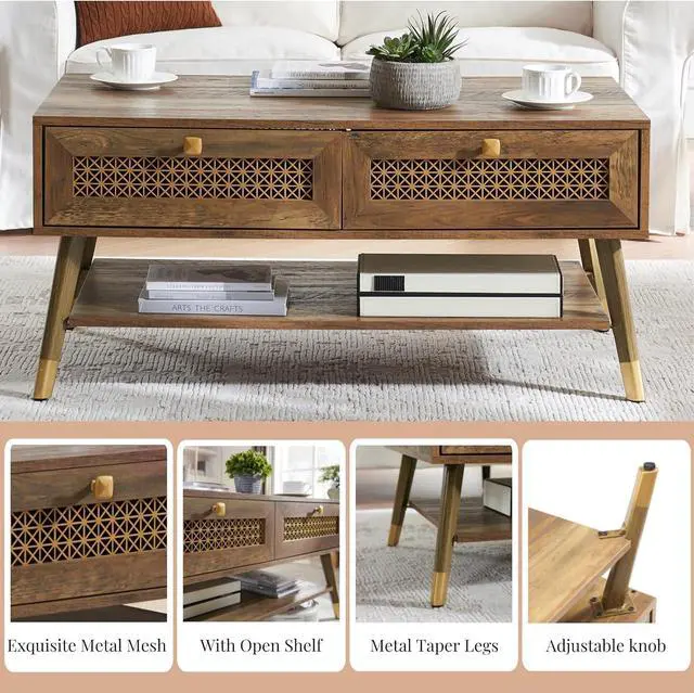 Alt view image 7 of 7 - Mid Century Modern Coffee Table with Storage Drawers & Open Shelf, Solid Wooden Boho Rectangle Table with Metal Legs Designed for Living Room, Office, Lounge. Rustic Oak Color with Golden Decor