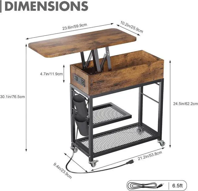 Alt view image 3 of 7 - Colima Lift Top End Table with Charging Station and Wheels, Sofa Side Table with USB Port & AC Outlets, Movable Bedside Nightstand with Side Bag for Office Living Room Bedroom(Rustic Wood)