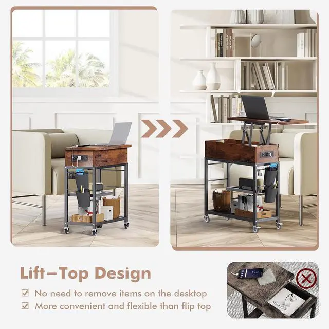 Alt view image 6 of 7 - Colima Lift Top End Table with Charging Station and Wheels, Sofa Side Table with USB Port & AC Outlets, Movable Bedside Nightstand with Side Bag for Office Living Room Bedroom(Rustic Wood)