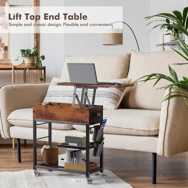 Alt view image 7 of 7 - Colima Lift Top End Table with Charging Station and Wheels, Sofa Side Table with USB Port & AC Outlets, Movable Bedside Nightstand with Side Bag for Office Living Room Bedroom(Rustic Wood)