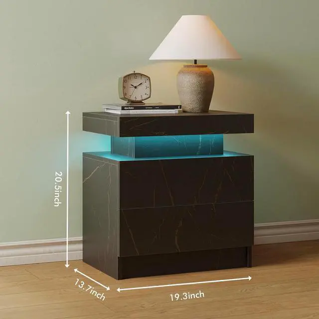Alt view image 2 of 7 - LED Nightstand Set of 2,Modern Night Stand Set 2,Multi-Color LED Light Strip,Slient Slide Drawer,Large Capacity Storage,Small Space Solution,Bedside Table for Bedroom,Black Gold